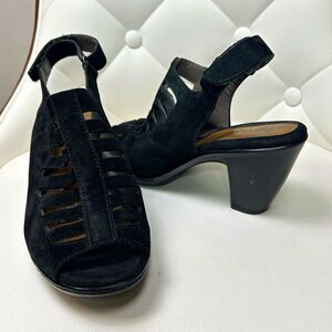 Eurosoft Vesta Black Suede Leather Caged Block Heel Sandals Comfort 6.5M Boho